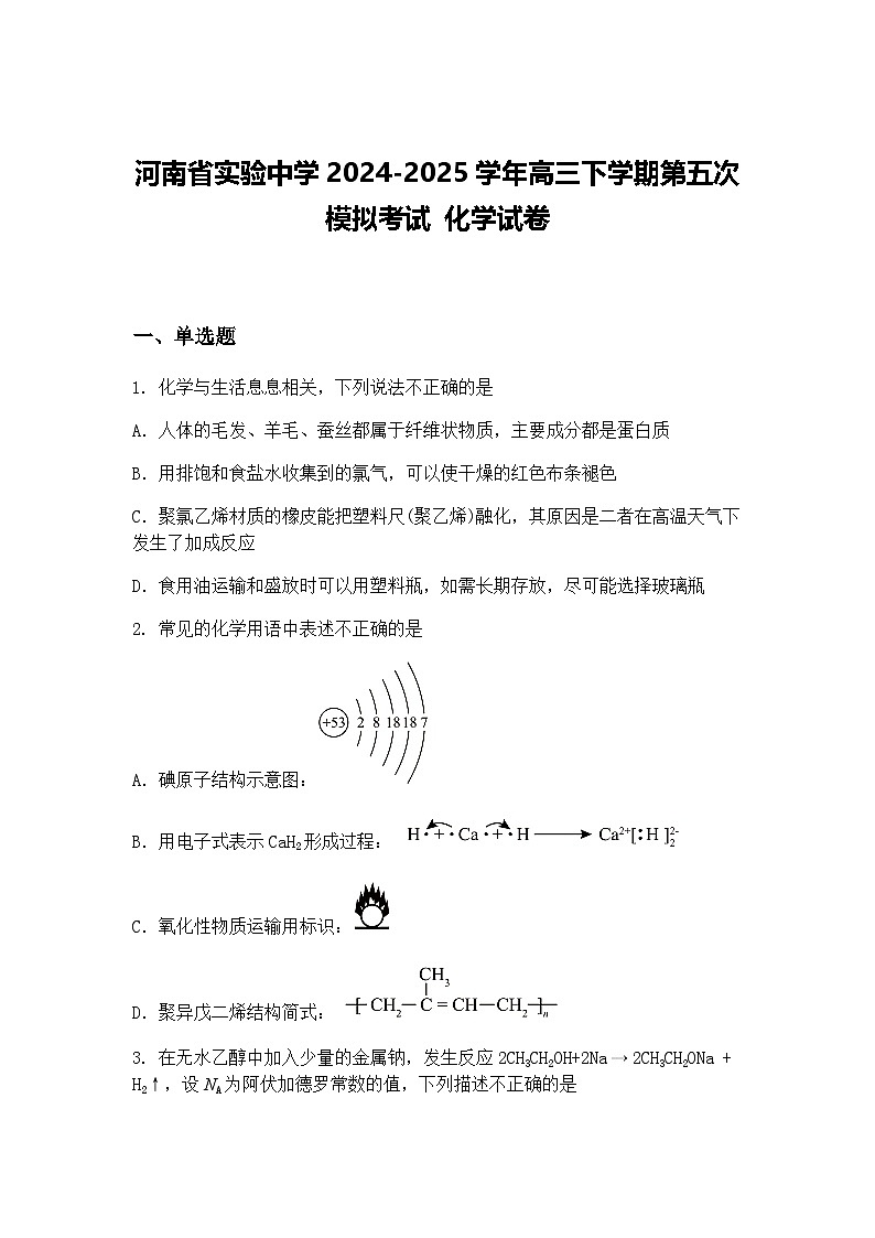 河南省实验中学2024-2025学年高三下学期第五次模拟考试 化学试卷（含答案解析）第1页