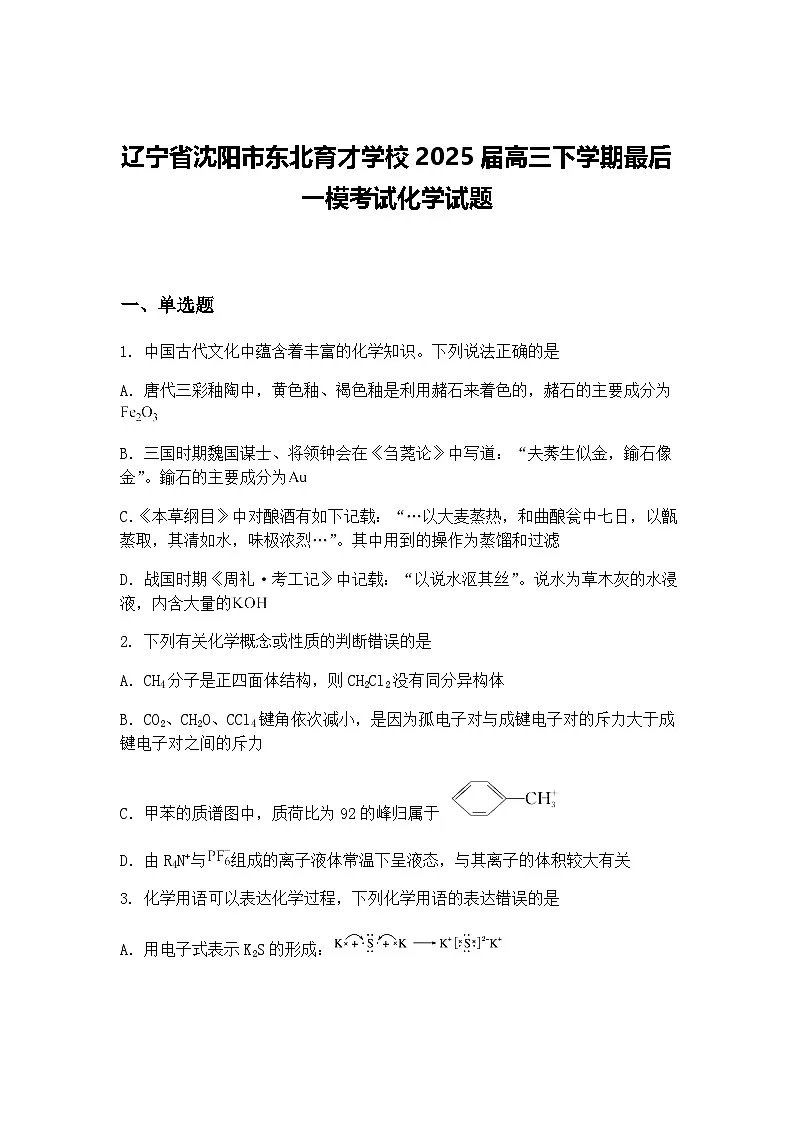 辽宁省沈阳市东北育才学校2025届高三下学期最后一模考试化学试题（含答案解析）第1页
