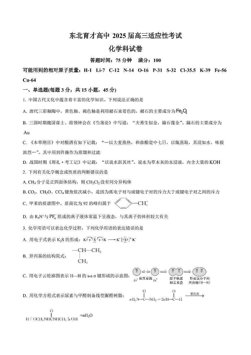 辽宁省沈阳市东北育才中学2026届高三上学期9月第一次模拟考化学试题+答案第1页