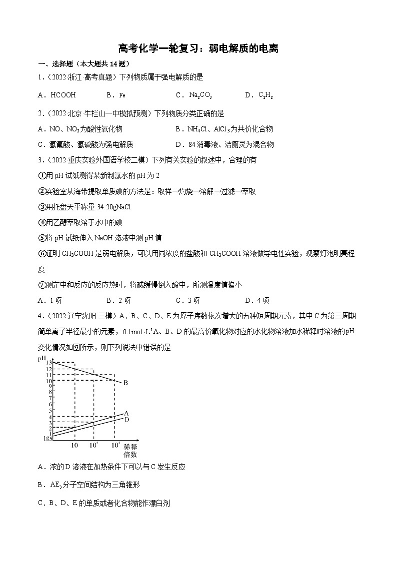 高考化学一轮复习：弱电解质的电离专题训练第1页