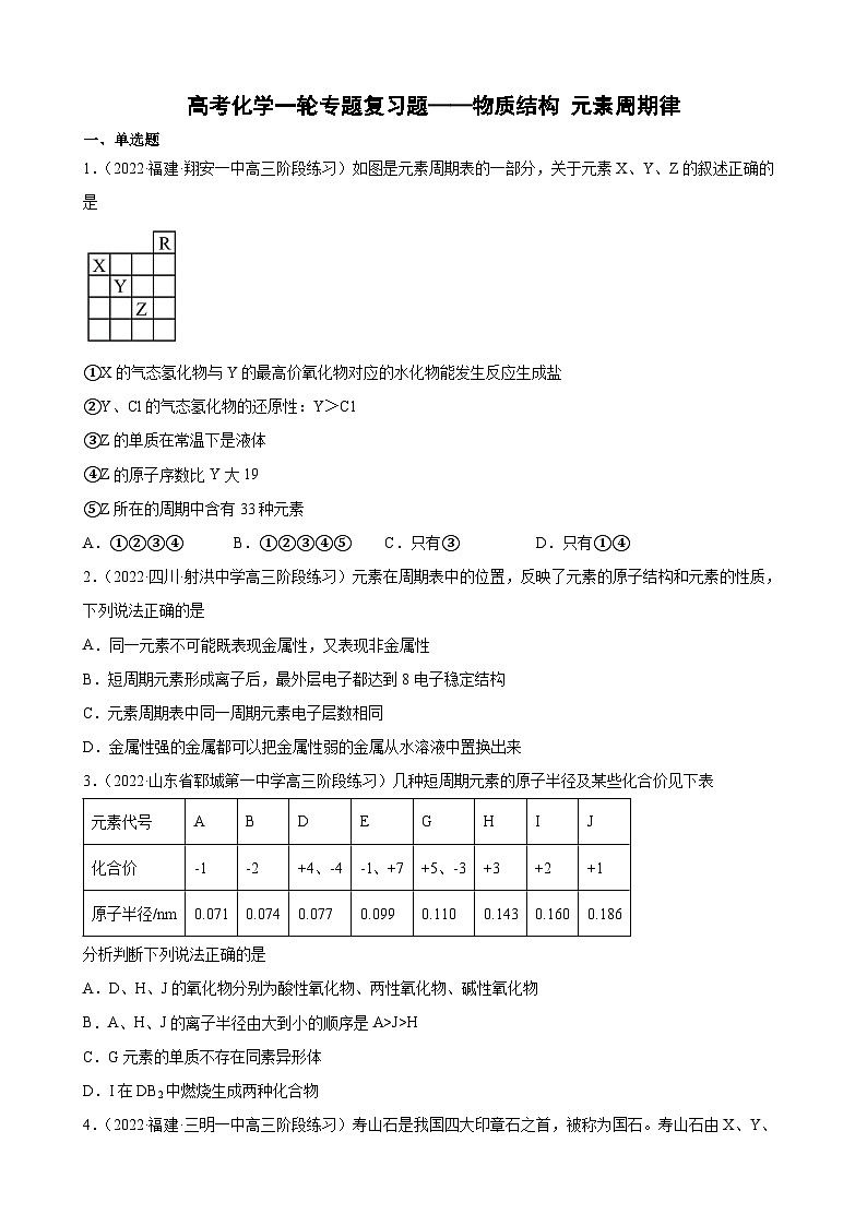 高三化学一轮专题复习题——物质结构 元素周期律第1页