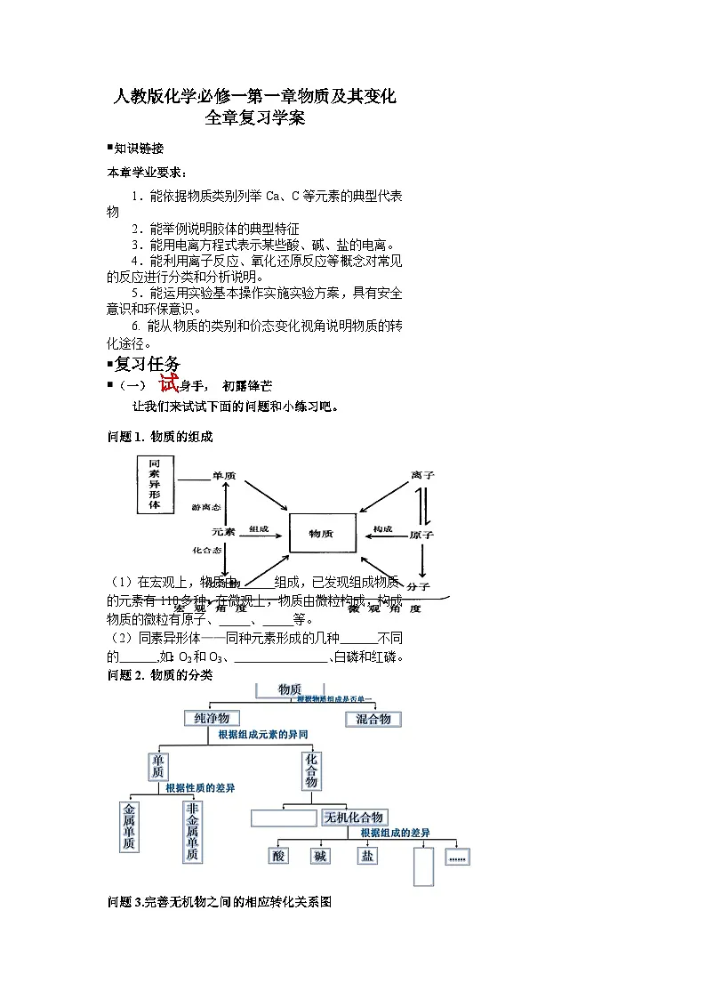 第一章 物质及其变化 全章复习学案 高中化学人教版（2019）必修第一册第1页