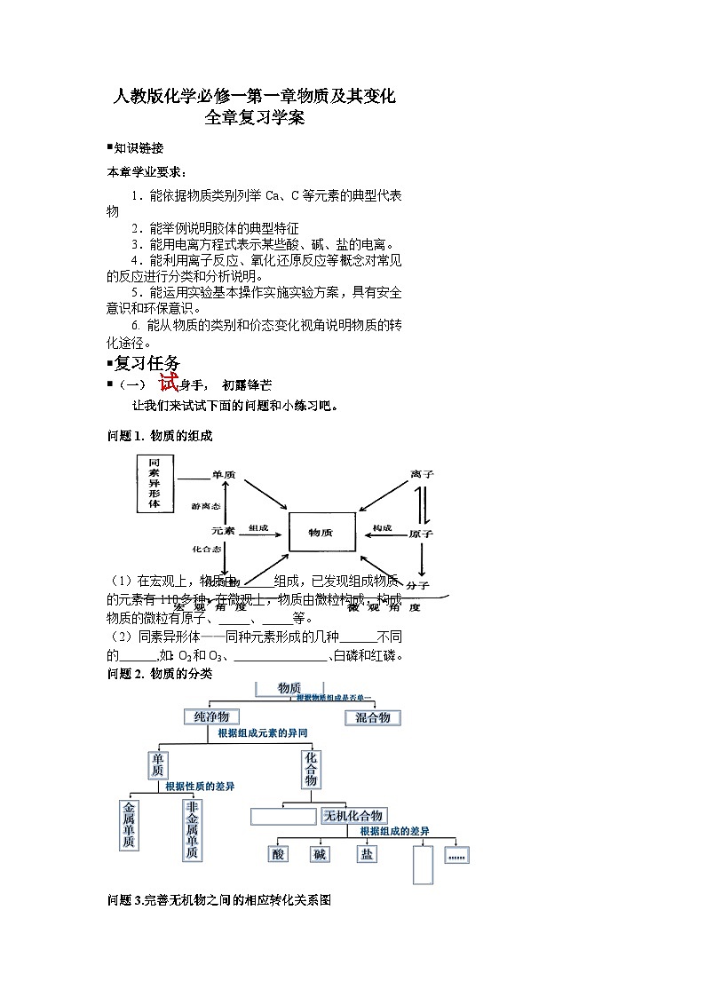第一章 物质及其变化 全章复习学案  高中化学人教版（2019）必修第一册第1页
