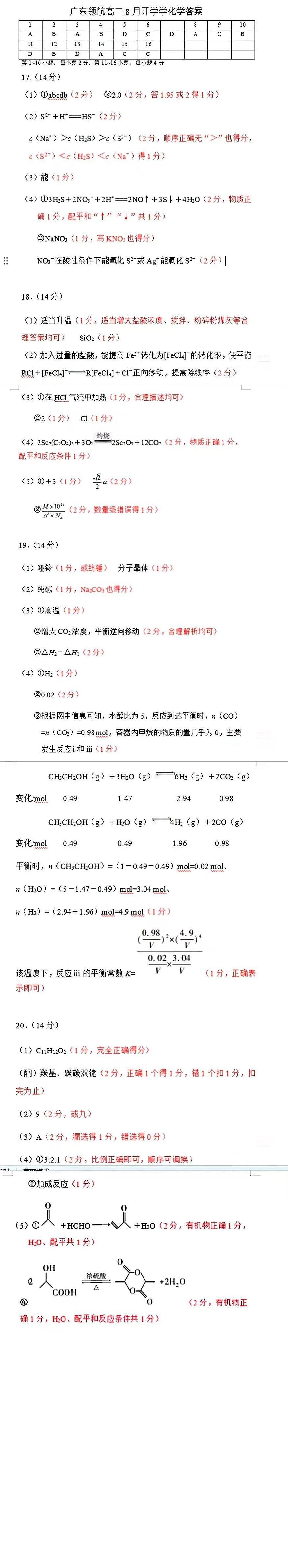 上进联考2025-2026学年新高三秋季入学摸底考试化学答案第1页