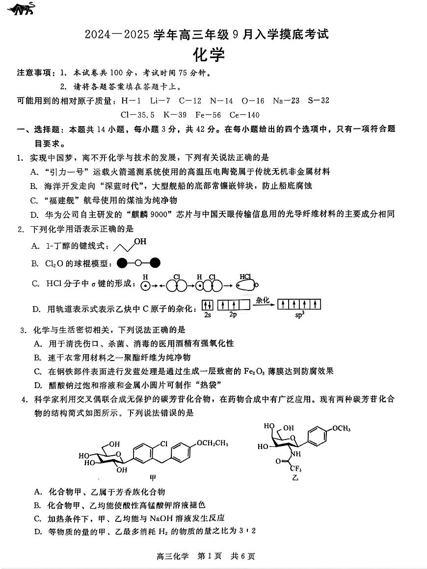 河北省新时代NT教育2024-2025学年高三上学期入学摸底测试 化学试卷第1页