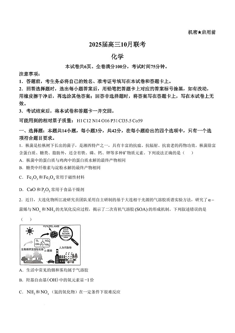 2025届湖南省天壹名校联盟高三下学期10月联考-化学试题（含答案）第1页