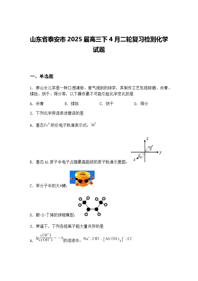 山东省泰安市2025届高三下4月二轮复习检测化学试题（含答案解析）第1页