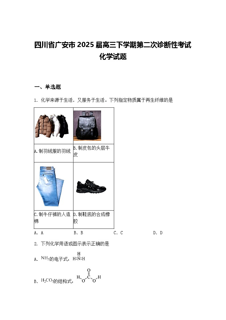 四川省广安市2025届高三下学期第二次诊断性考试化学试题（含答案解析）第1页