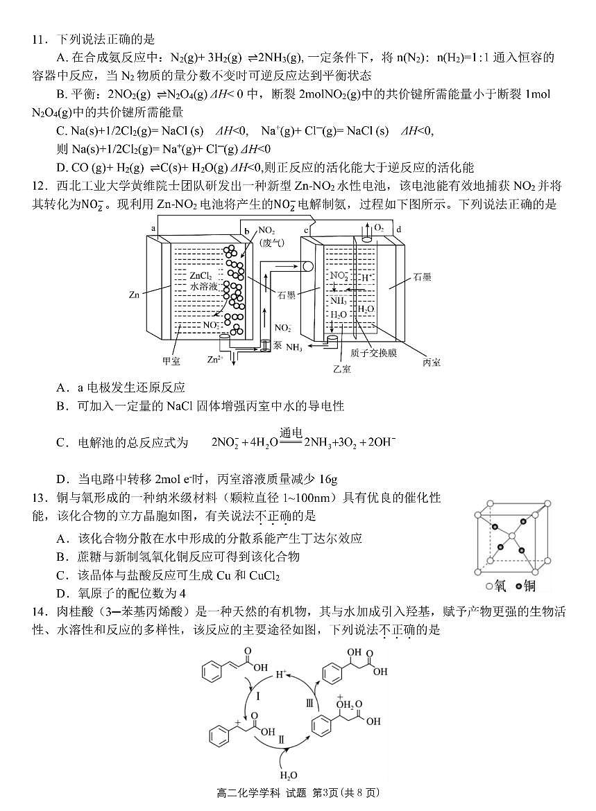 浙江温州市环大罗山联盟2024-2025学年高二下学期期末化学试卷+答案第3页