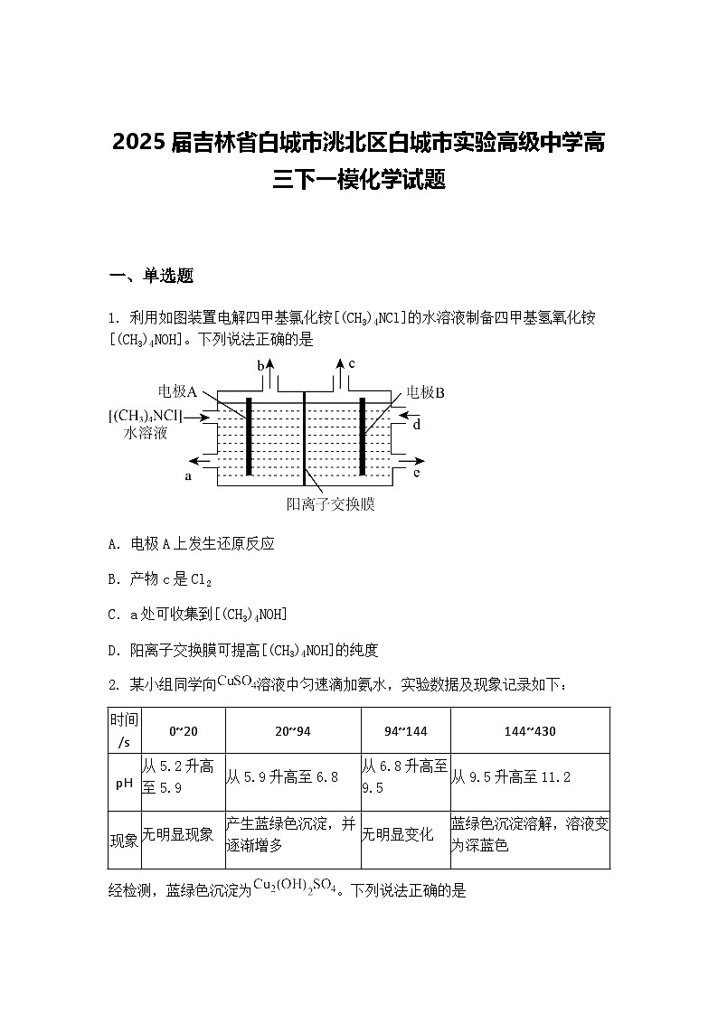2025届吉林省白城市洮北区白城市实验高级中学高三下一模化学试题（含答案解析）第1页