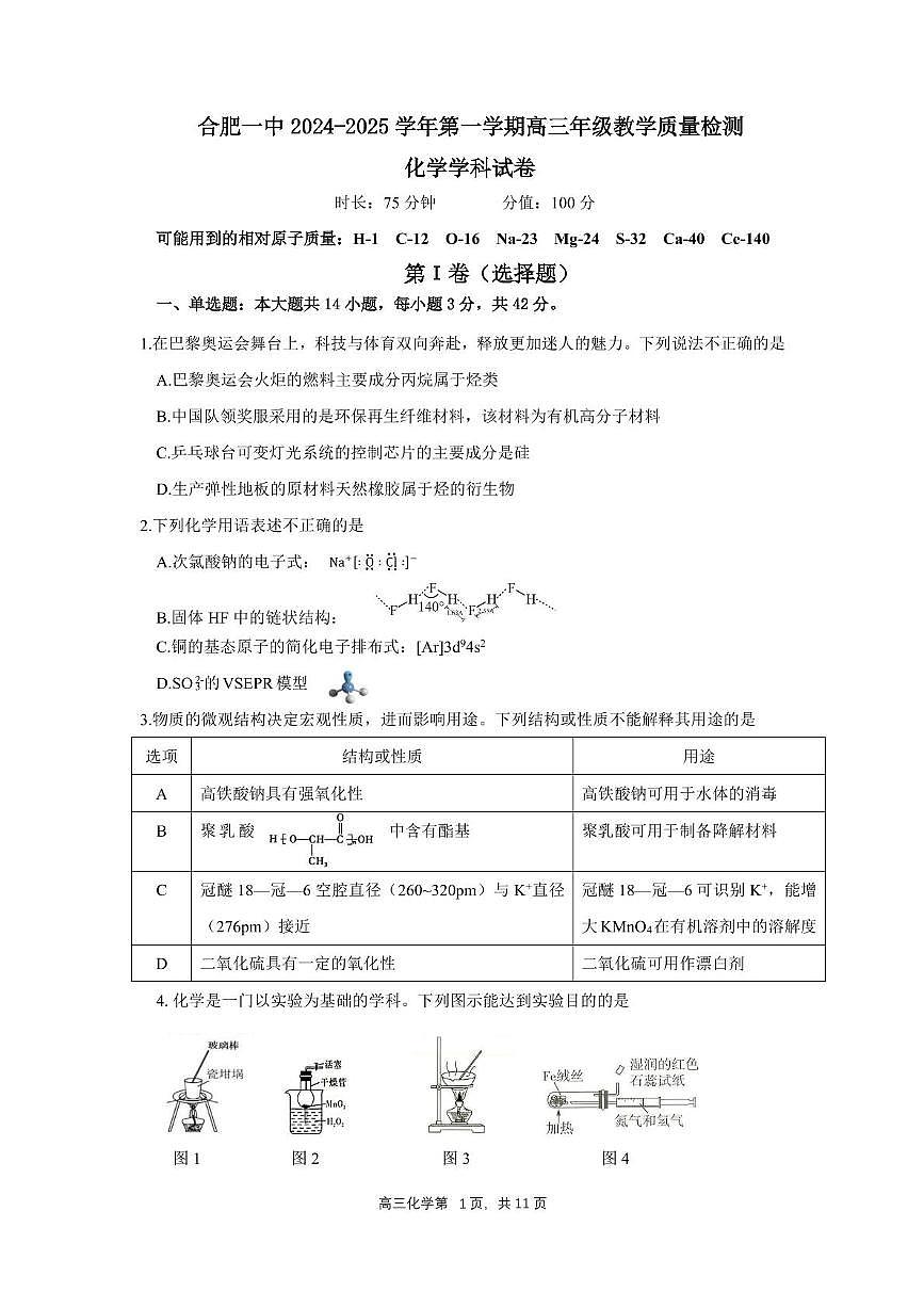 安徽省合肥市第一中学2024-2025学年高三上学期期中教学质量化学试卷+答案第1页