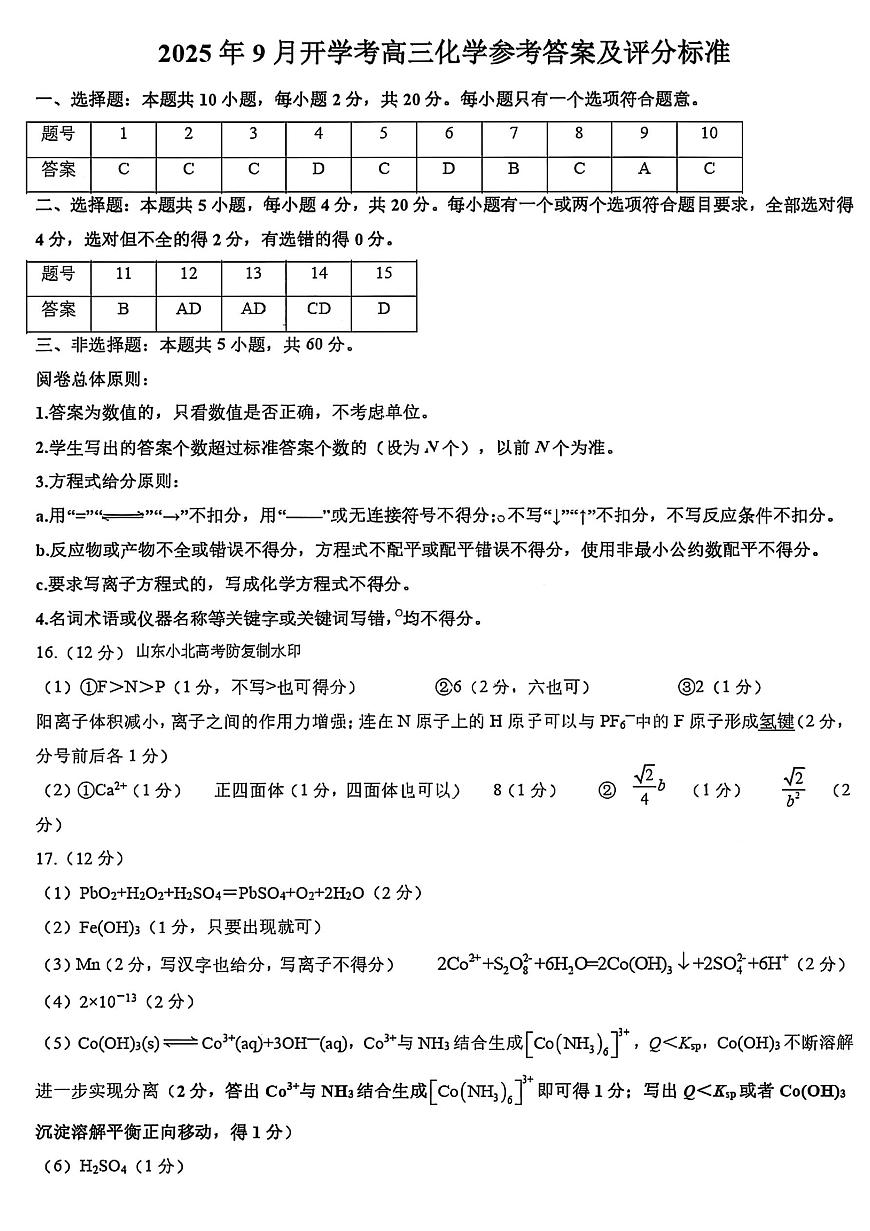 山东济南2026届高三上学期摸底考试化学答案第1页