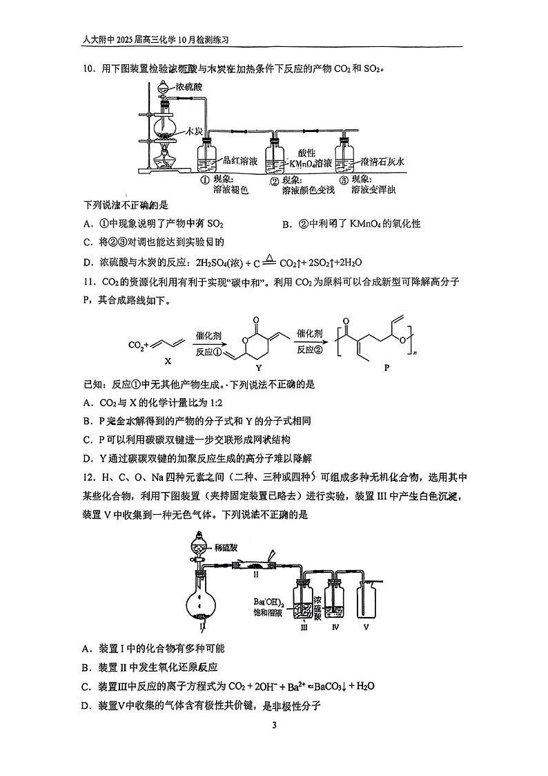 2025届北京市中国人民大学附中高三下学期10月质检-化学试卷（含答案）第3页