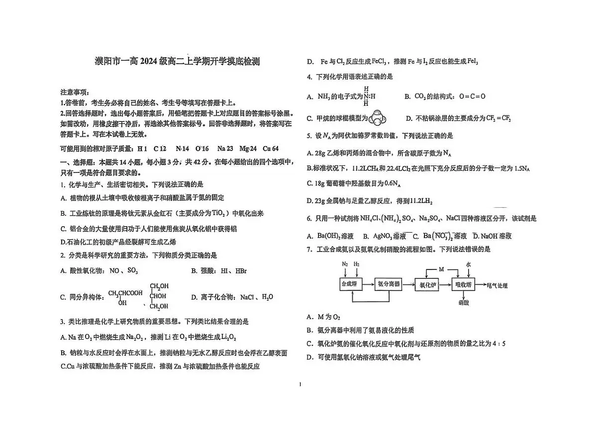 河南省濮阳市华龙区濮阳第一高级中学2025-2026学年高二上学期开学摸底检测化学试卷及答案第1页
