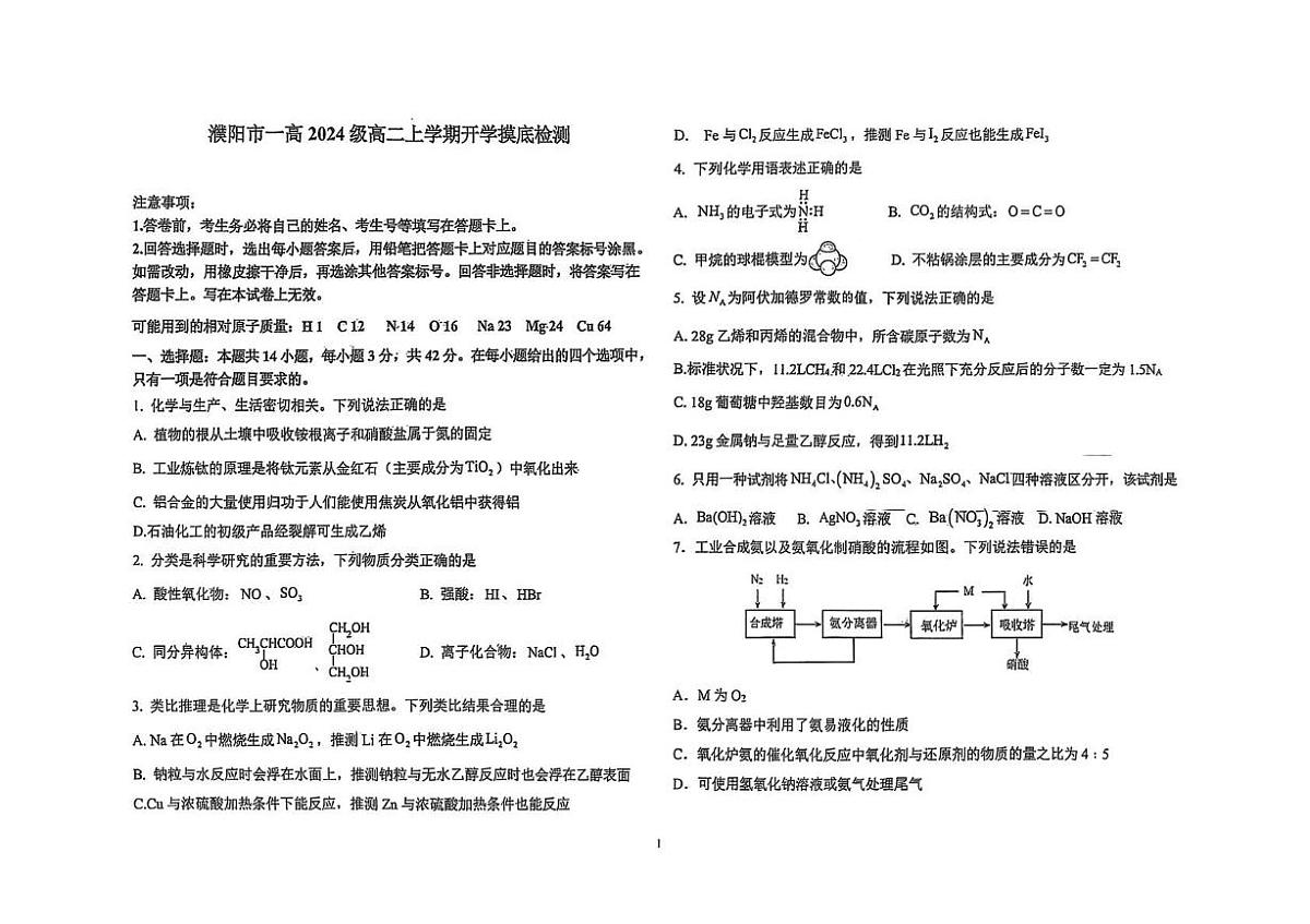 河南省濮阳市华龙区濮阳第一高级中学2025-2026学年高二上学期开学摸底检测化学试卷及答案第1页
