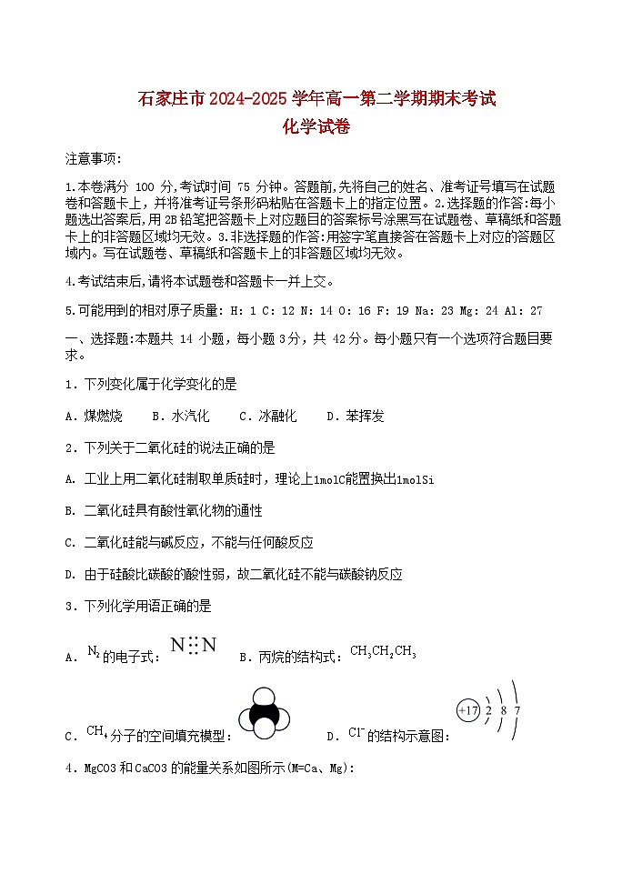 河北省石家庄市2024_2025学年高一化学下学期7月期末考试第1页