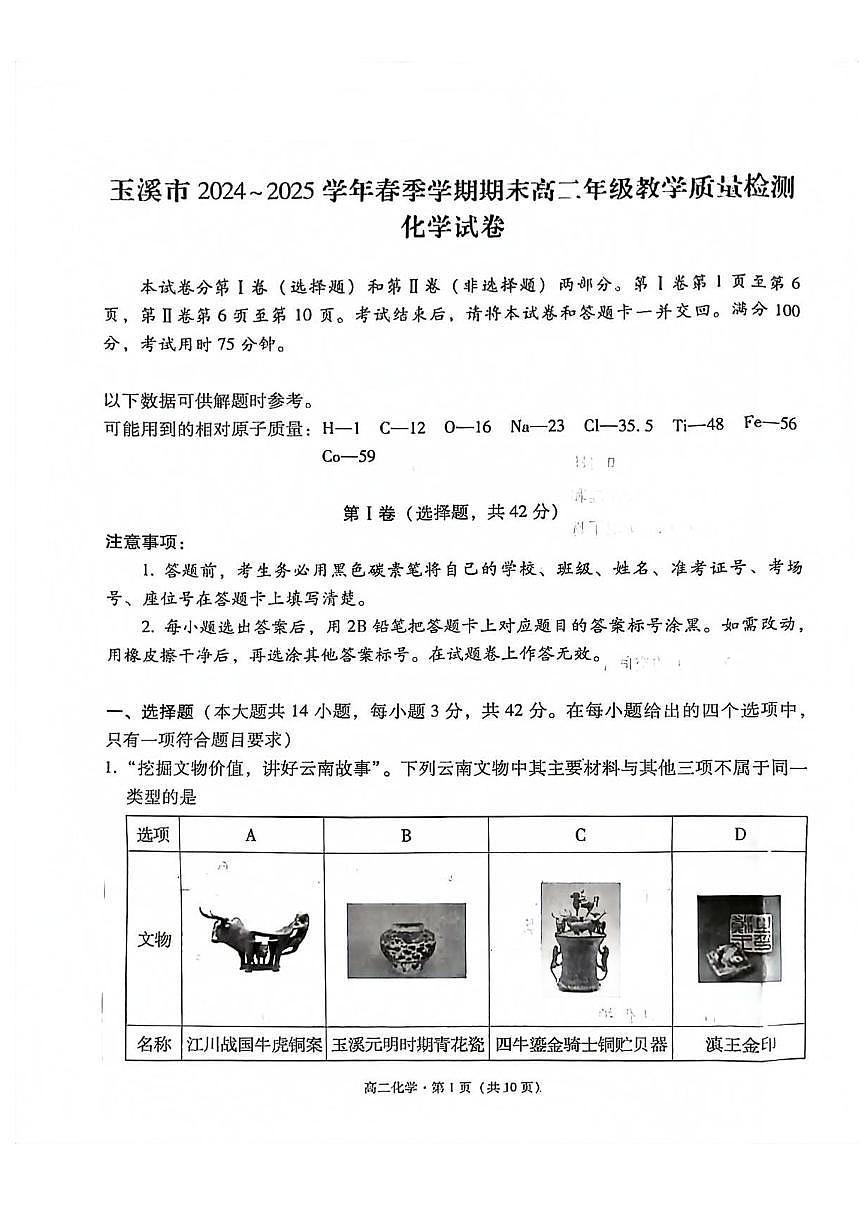 云南省玉溪市2024_2025学年高二化学下学期期末考试pdf含解析第1页