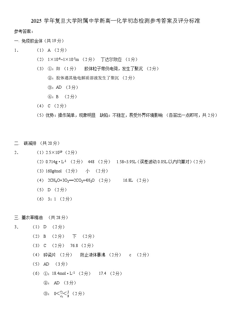 2025学年复旦大学附属中学新高一化学初态检测参考答案及评分标准第1页