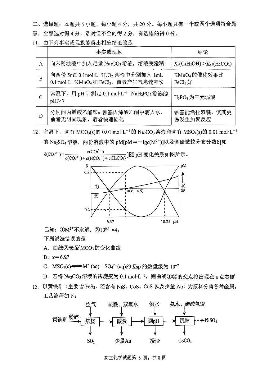 2025届山东省日照市高三下学期校际联合考试(一模)化学+答案第3页