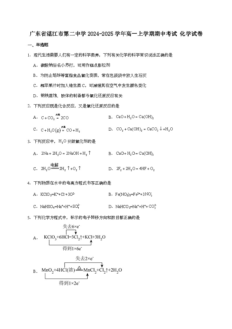 广东湛江市第二中学2024~2025学年高一上学期期中考试化学试题（含答案）第1页