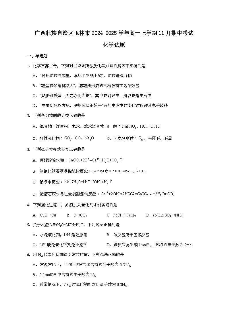 广西壮族自治区玉林市2024~2025学年高一上学期11月（期中）考试化学试题（含答案）第1页