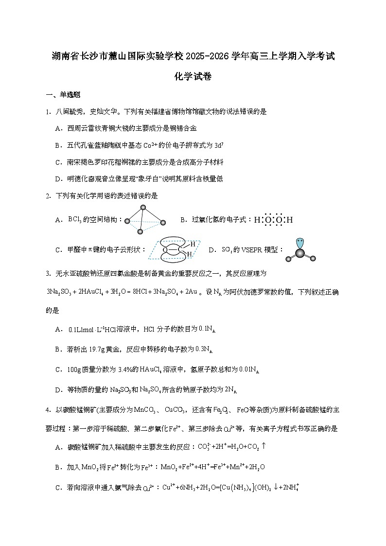 湖南长沙麓山国际实验学校2026届高三上学期入学考试化学试题（含答案）第1页