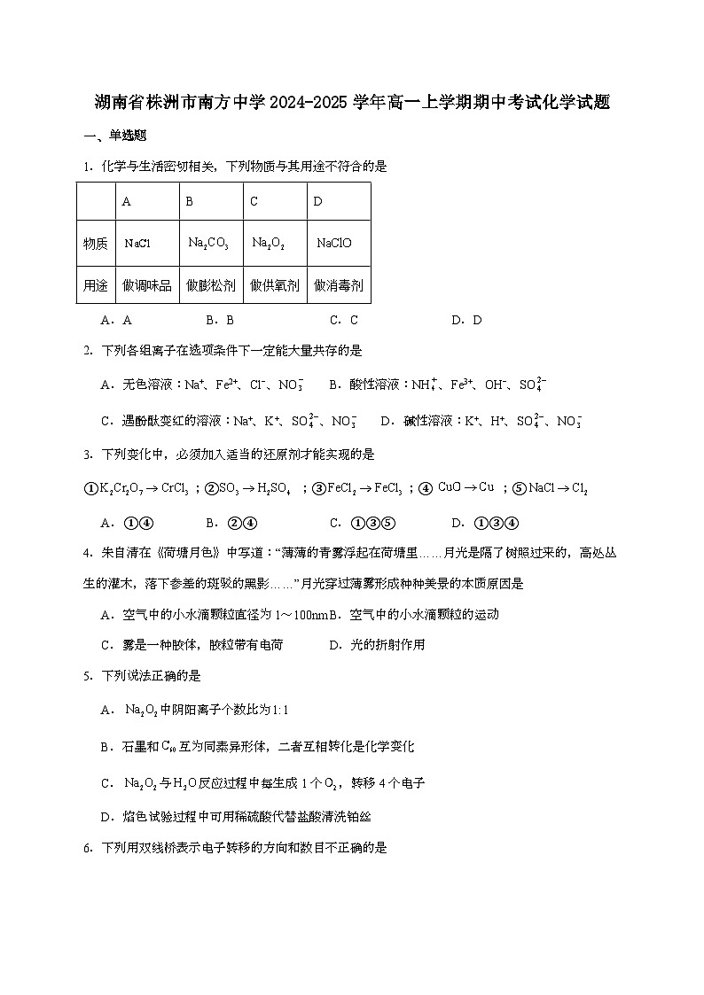 湖南株洲市南方中学2024~2025学年高一上学期期中考试化学试题（含答案）第1页