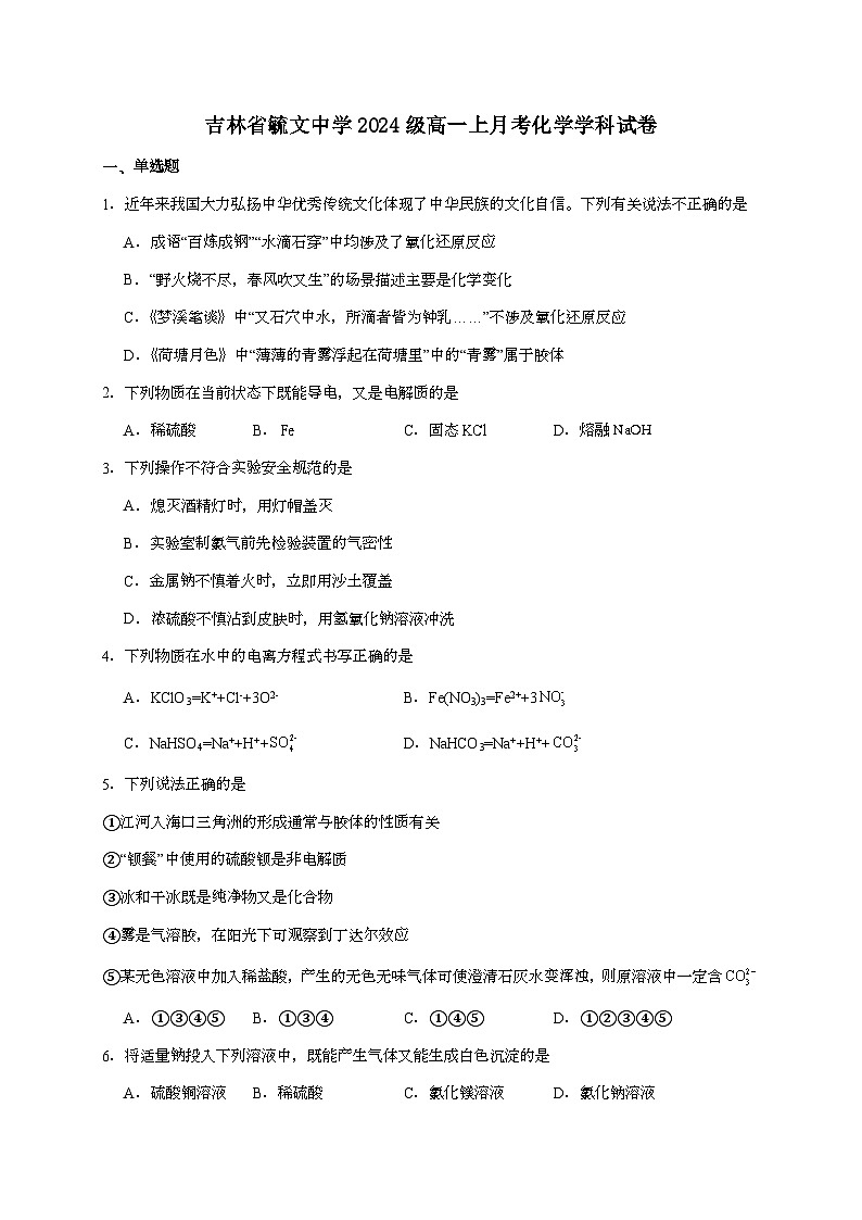 吉林毓文中学2024~2025学年高一上学期10月第一次月考化学试题（含答案）第1页