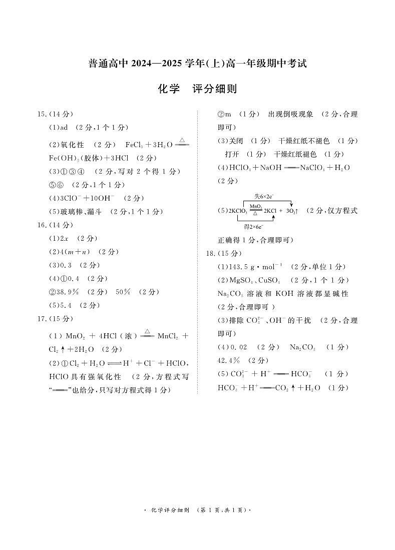 11月高一化学 评分细则第1页