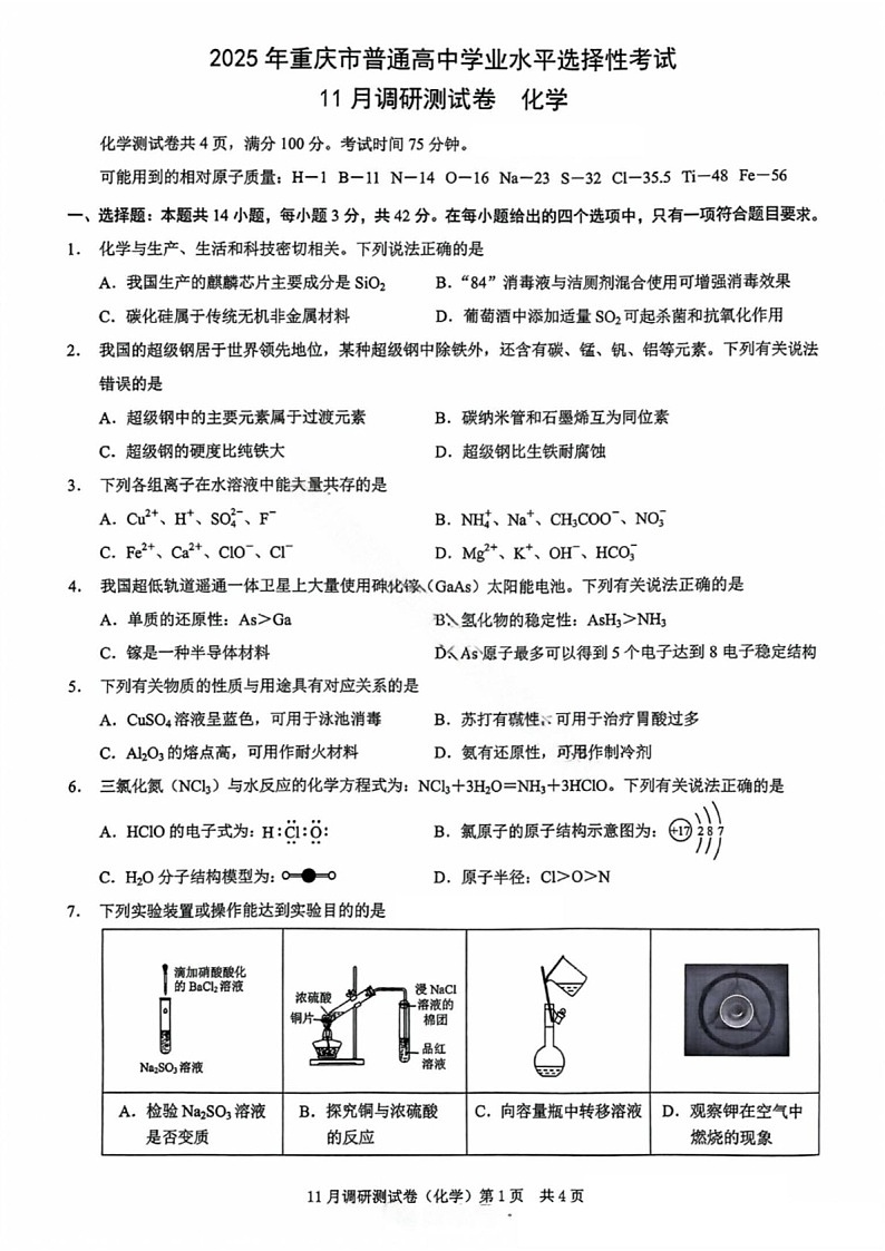2025届重庆市康德卷高三下学期11月调研-化学试卷（含答案）第1页