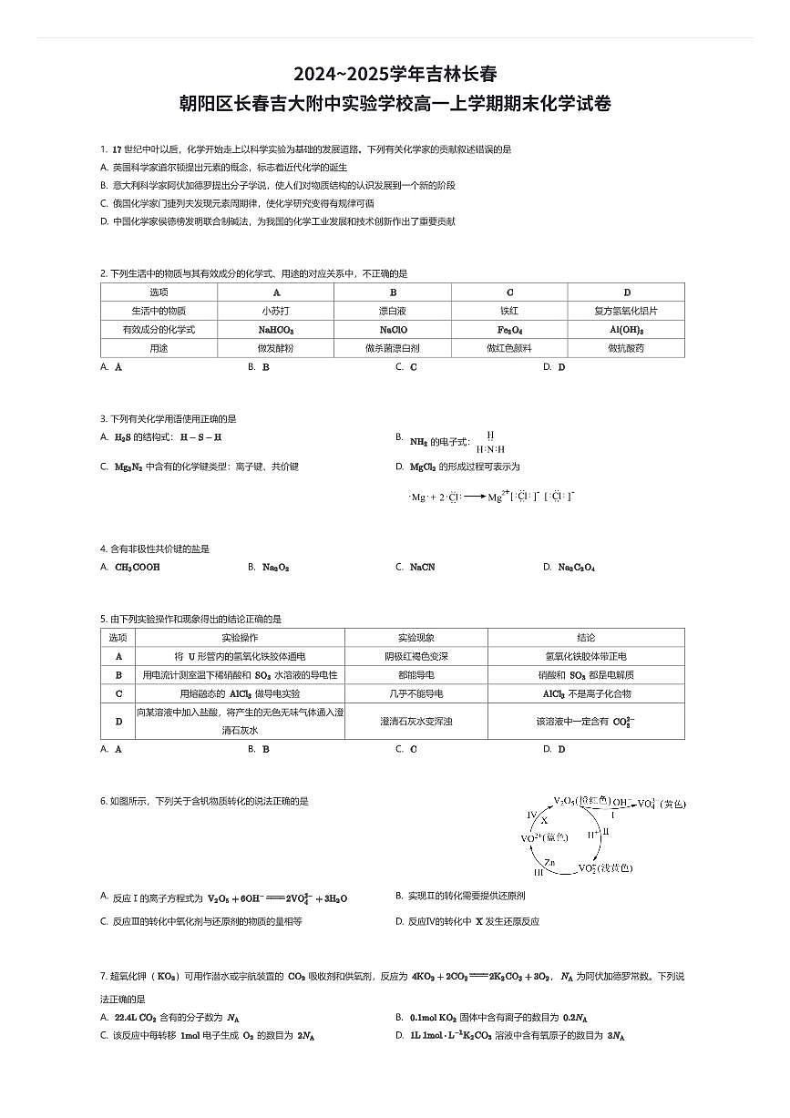 2024~2025学年吉林长春朝阳区长春吉大附中实验学校高一上学期期末化学试卷（有答案解析）第1页