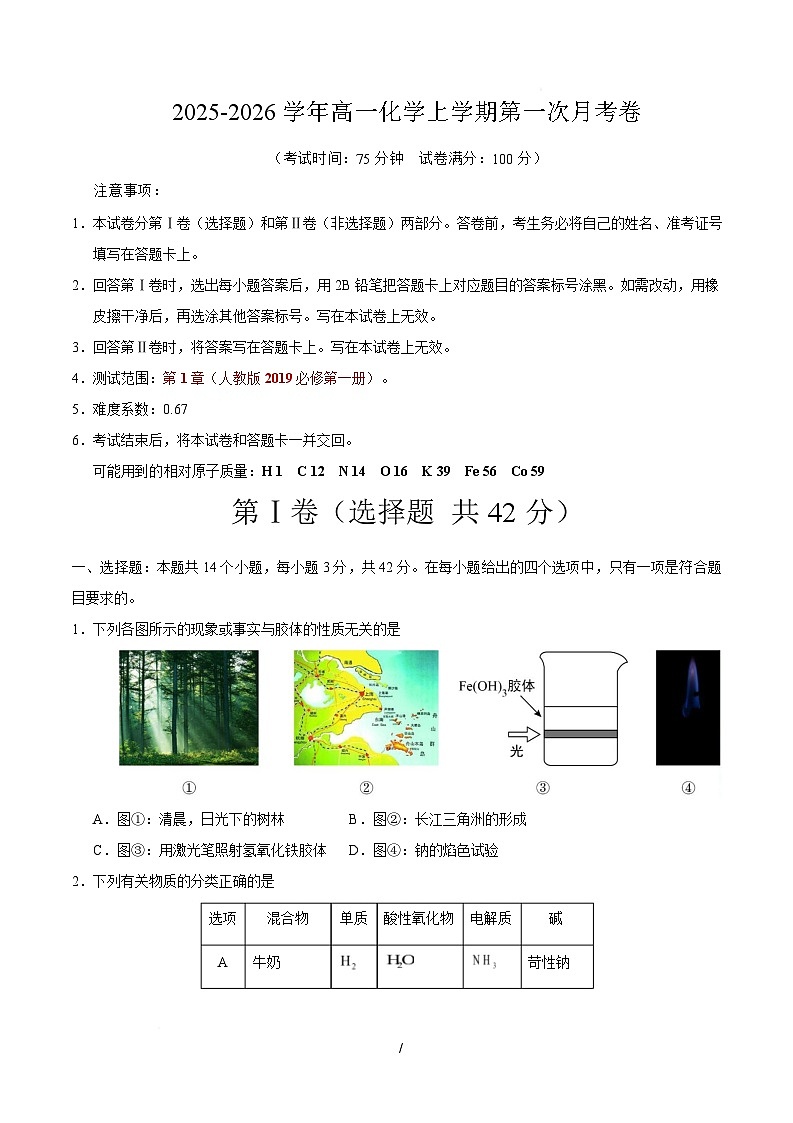 高一化学上学期第一次月考（重庆专用，人教版2019） 高一化学第一次月考卷（重庆专用，人教版2019）（考试版）A4版第1页