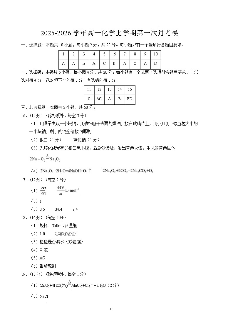 高一化学第一次月考卷（山东专用，鲁科版2019）（参考答案）第1页