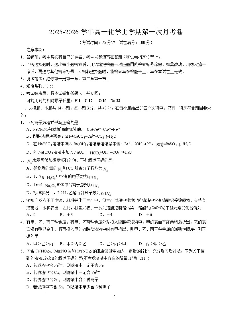 高一化学第一次月考卷（考试版）（湖南专用）第1页