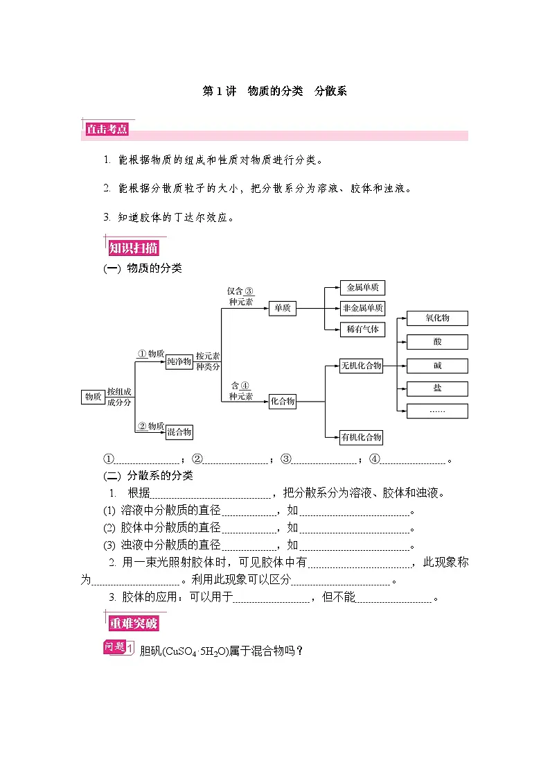 第1讲 物质的分类分散系 复习讲义 （含答案）江苏省2027届普通高中化学学业水平合格性考试第1页