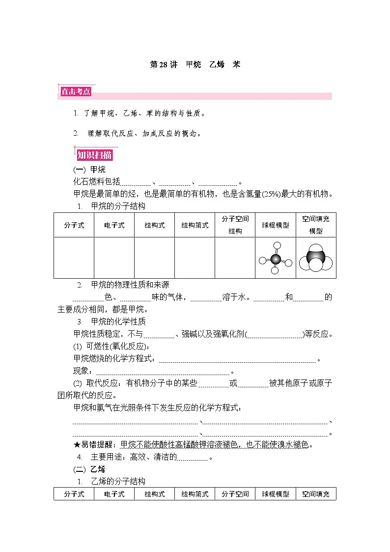 第28讲　甲烷　乙烯　苯 复习讲义 （含答案）江苏省2027届普通高中化学学业水平合格性考试第1页