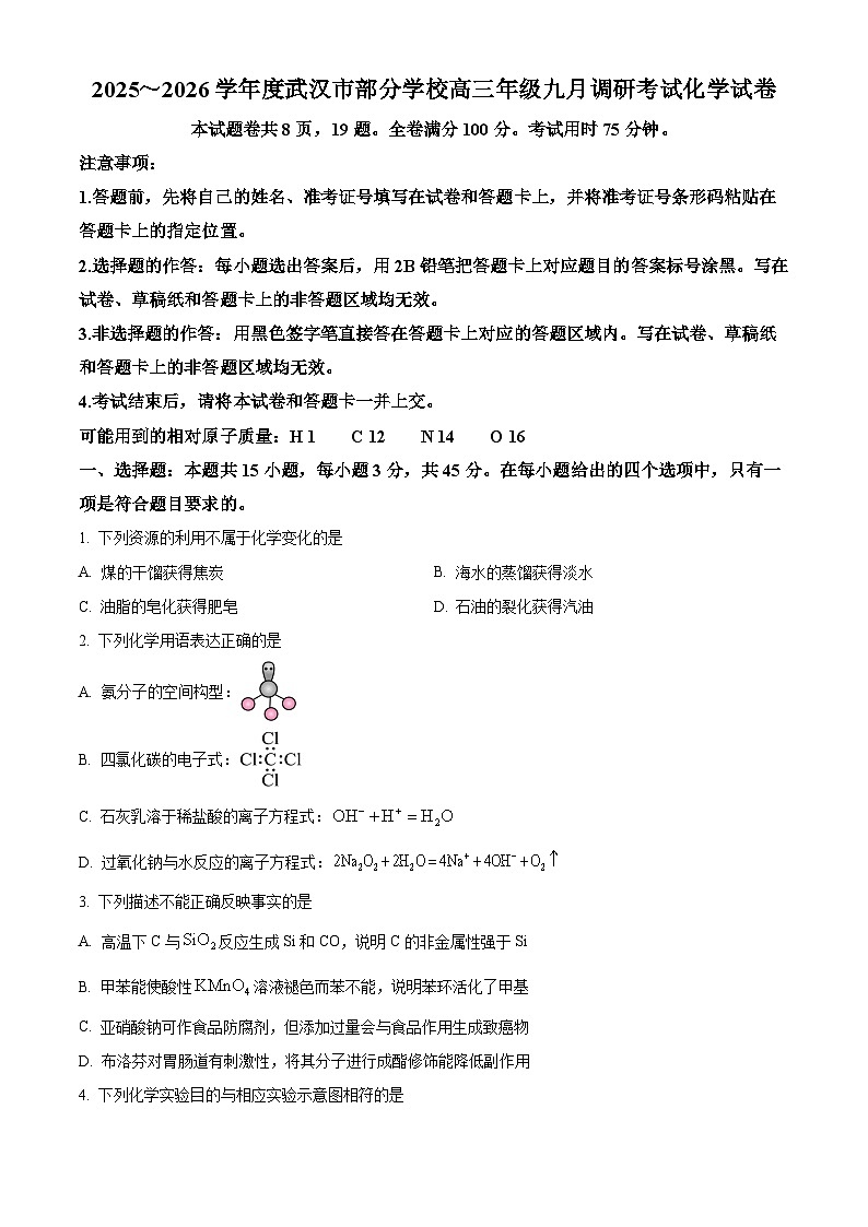 湖北省武汉市2026届高三上学期九月调研 化学试卷 Word版无答案第1页