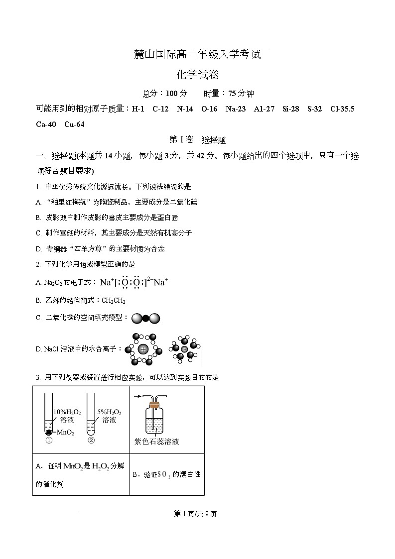 湖南省长沙市麓山国际实验学校2025-2026学年高二上学期入学考试化学试卷 Word版无答案第1页