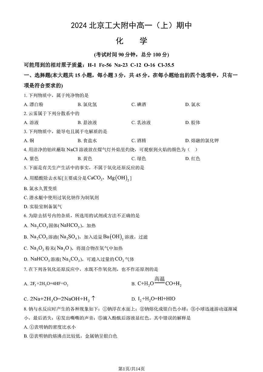 2024北京工大附中高一（上）期中化学试卷   有答案第1页