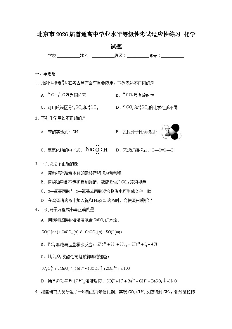 2025-2026学年北京市高二上学期普通高中学业水平等级性考试适应性练习化学试题第1页