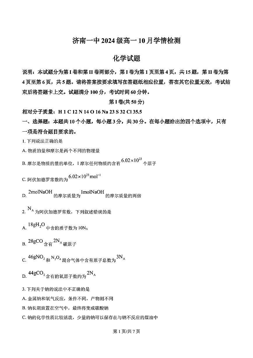 山东省济南市济南一中2024-2025学年高一化学上学期10月份月考试题及其答案解析第1页