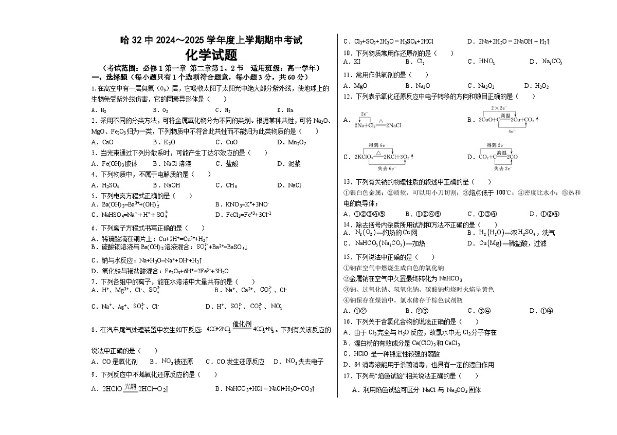 黑龙江省哈尔滨市南岗区哈尔滨市第三十二中学校2024-2025学年高一上学期11月期中化学试题第1页