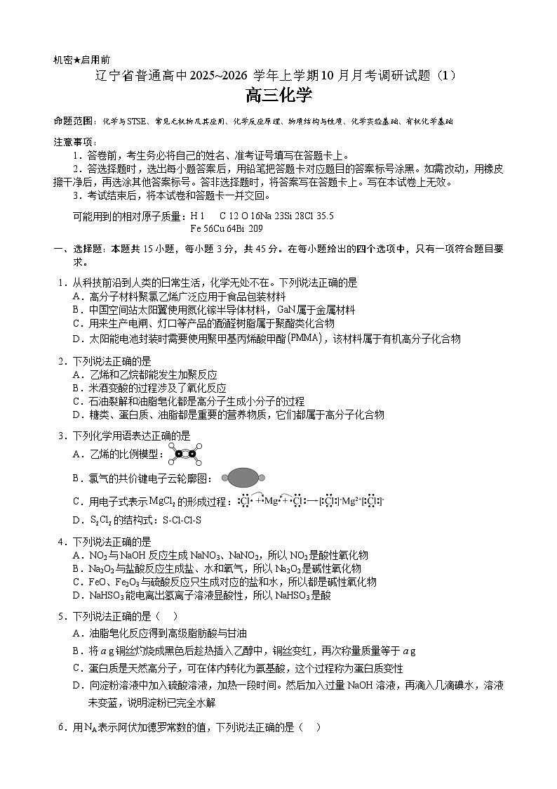 辽宁省普通高中2026届高三上学期10月月考化学模拟试题（PDF版，含答案）第1页