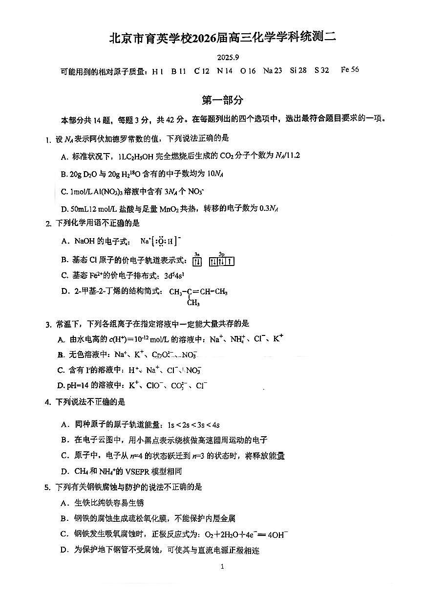 2025北京育英学校高三（上）统练二化学试卷   有答案第1页