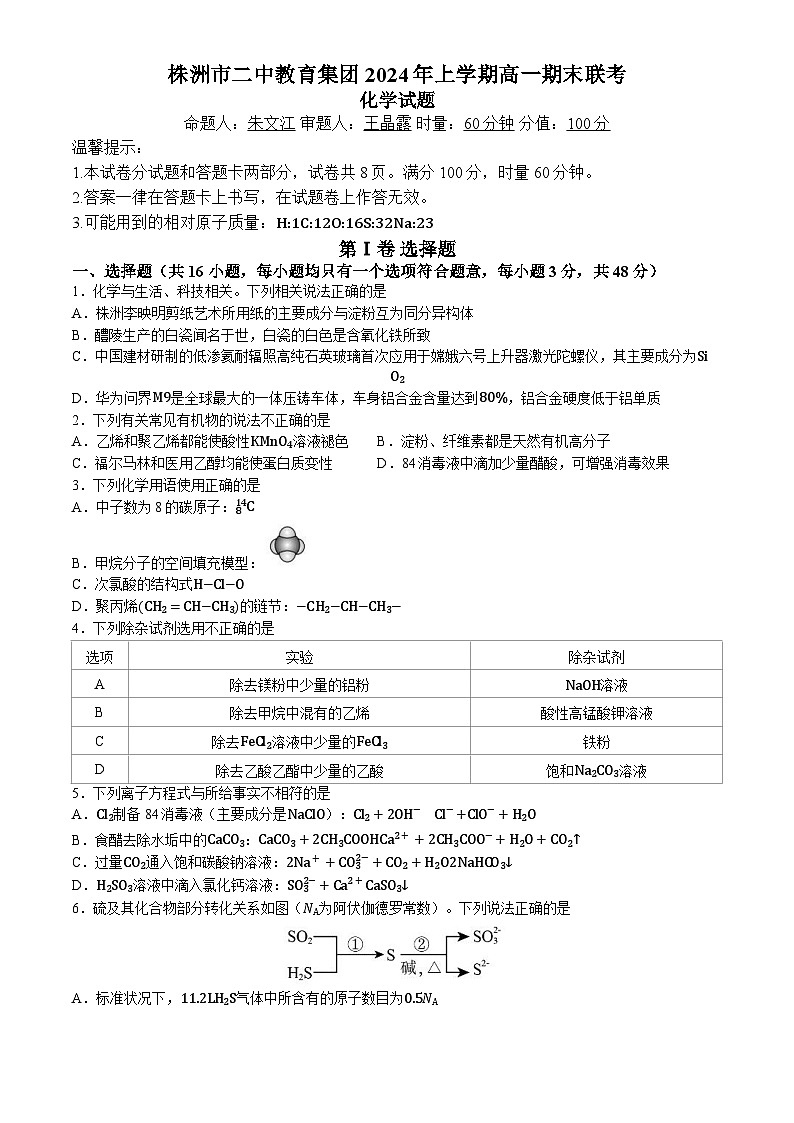 湖南省株洲市第二中学教育集团2023-2024学年高一下学期期末联考 化学试题第1页