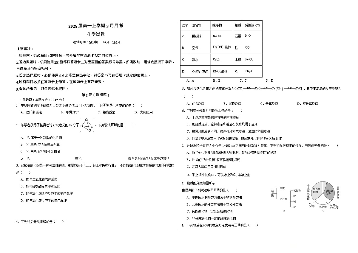 四川省仁寿第一中学校南校区2025-2026学年高一上学期9月月考化学试卷第1页