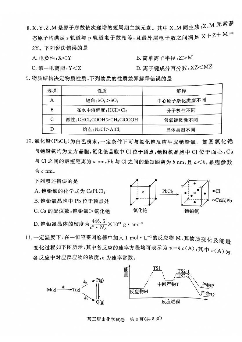 河北省唐山市2025届高三上学期1月期末考-化学试题（学生版）第3页