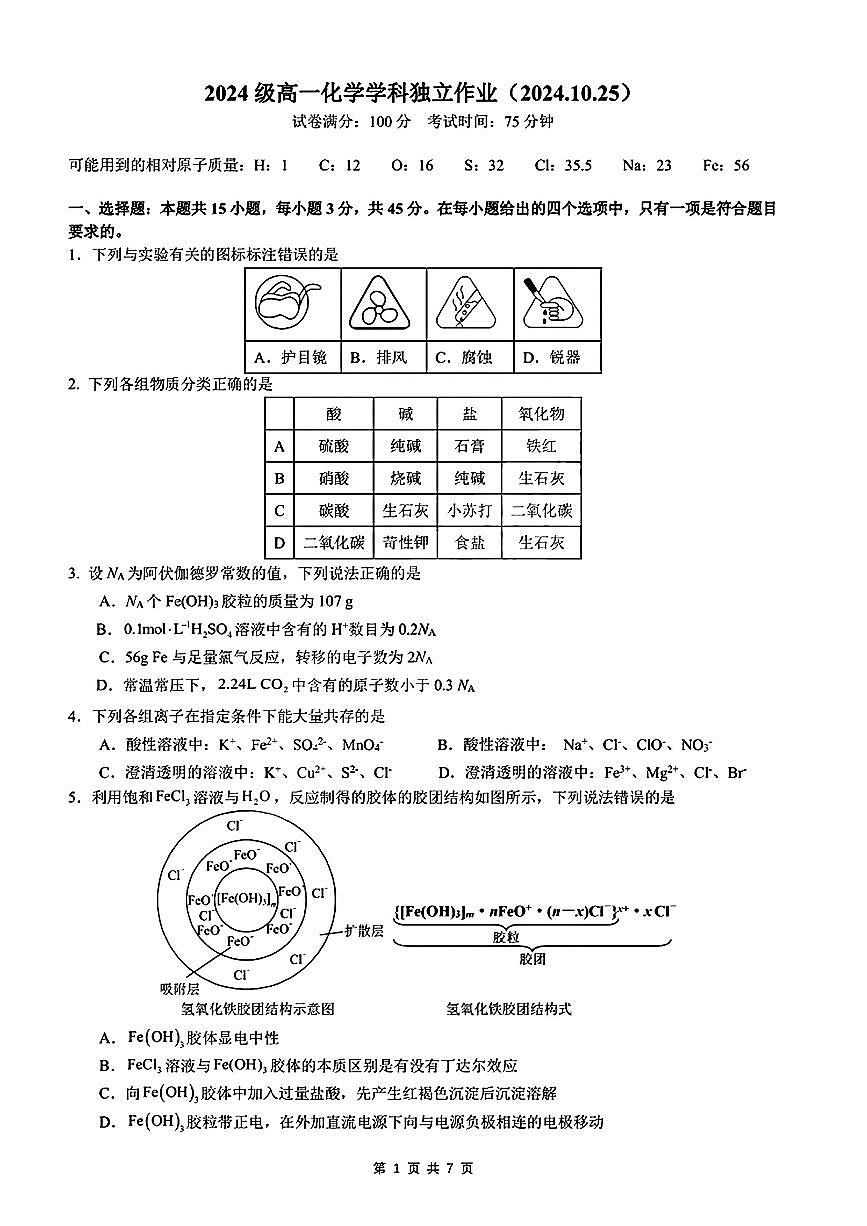 湖北省华中师范大学第一附属中学2024-2025学年高一上学期10月月考+化学试题第1页