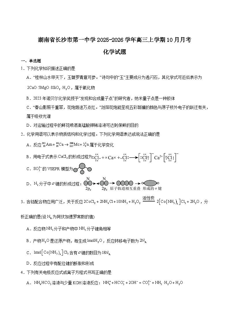 湖南省长沙市第一中学2025-2026学年高三上学期月考（二）化学试卷（Word版附答案）第1页