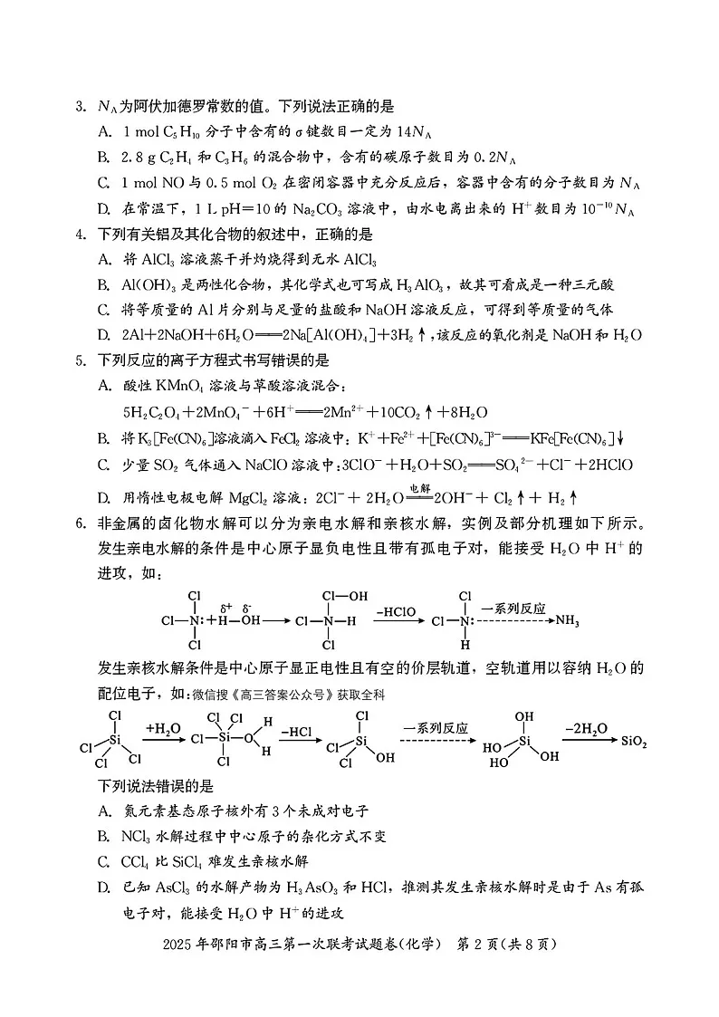 湖南省邵阳市2025届高三上学期期末第一次模拟考-化学试卷（含答案）第2页